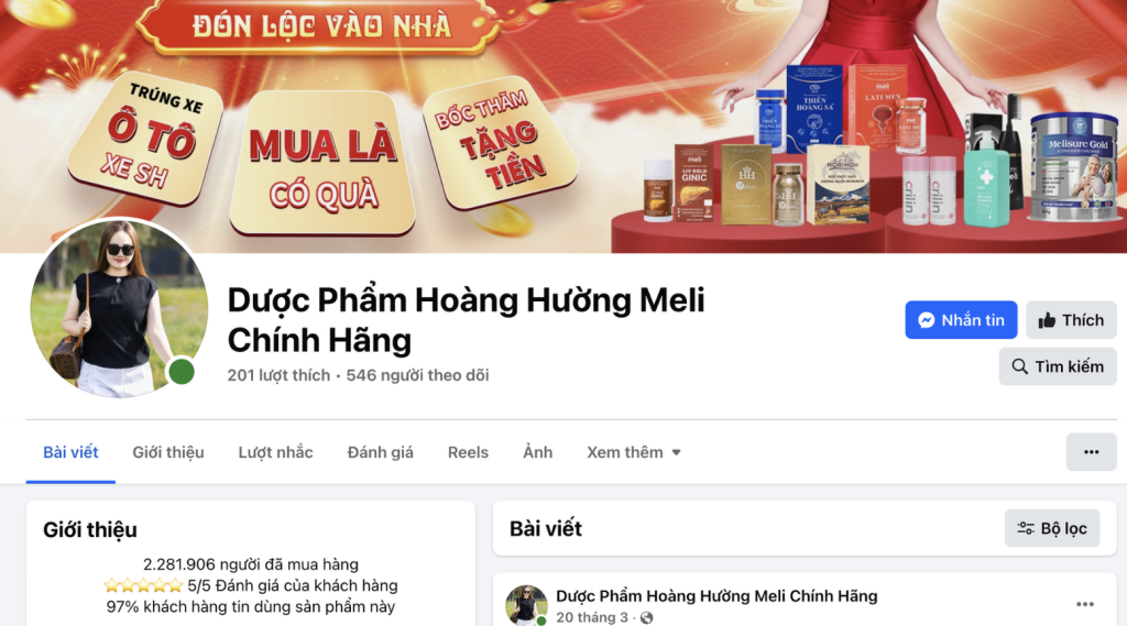 Fanpage Dược phẩm Hoàng Hường Meli chính hãng bị đề nghị xử lý (Ảnh chụp màn hình)